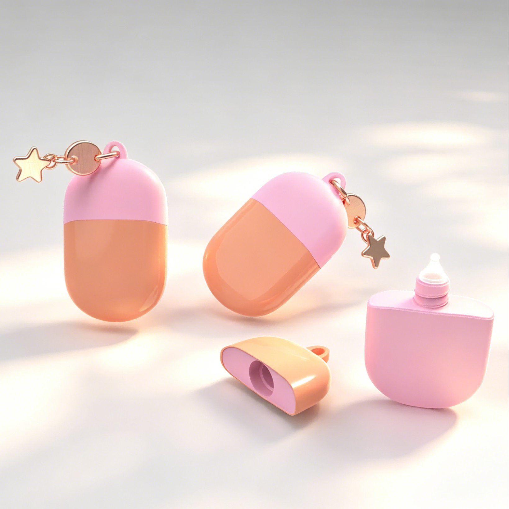Capsule shaped Sunscreen Squeeze Bottle set, portable refillable travel squeeze container with split cover and star charm keyring, multi-angle product showcase
